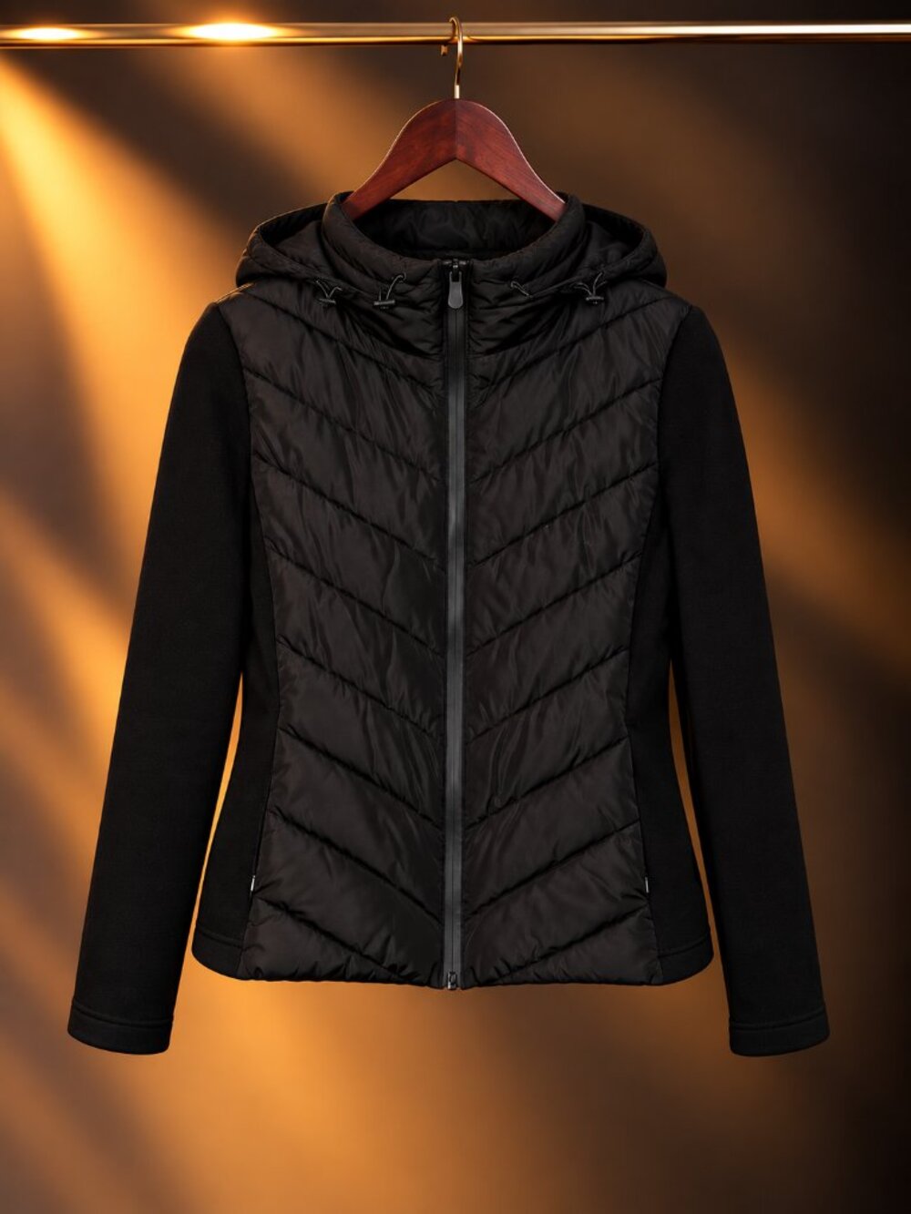 Zara Black Hybrid Quilted Puffer Jacket Knit Sleeves Hooded Full Zip Women's M